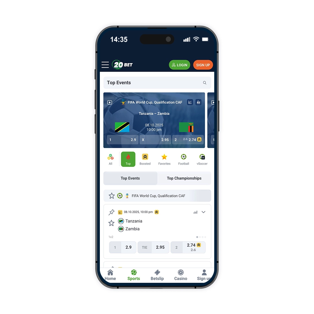 20Bet regisztrációs képernyő