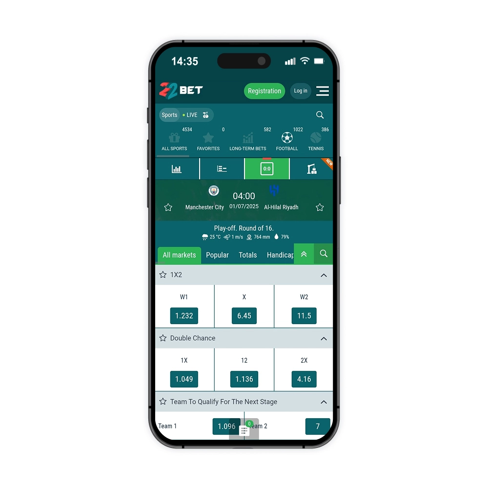 22bet interface showing betting markets