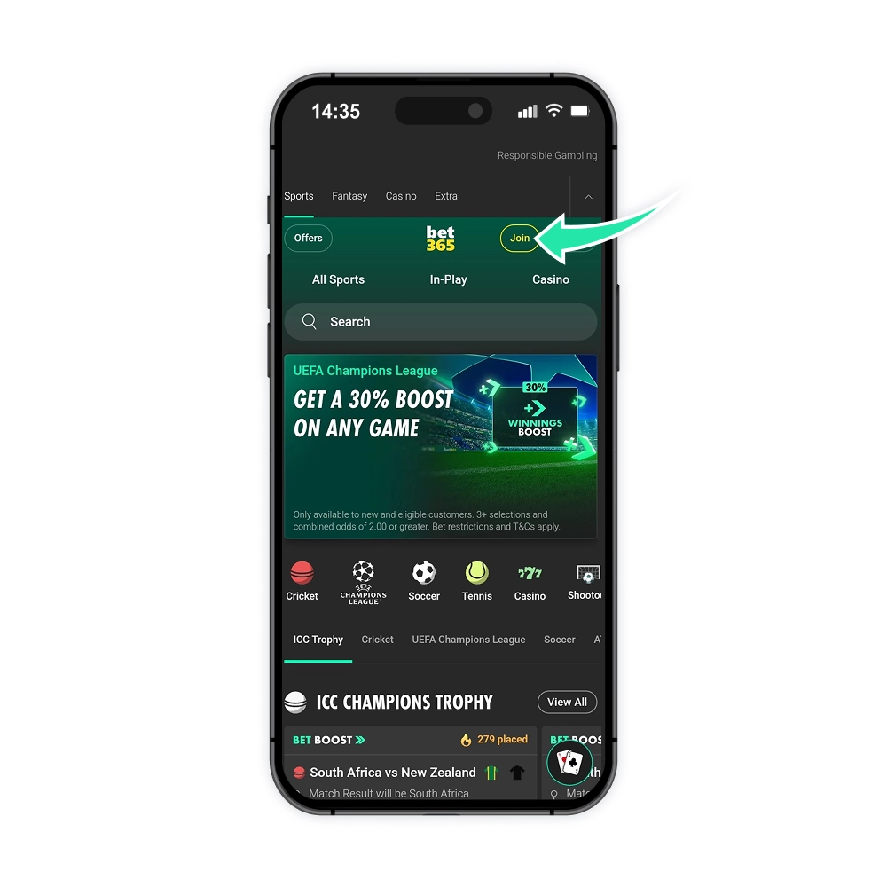 Captură de ecran a paginii de înregistrare bet365, afișând formularul cu câmpuri pentru date personale.