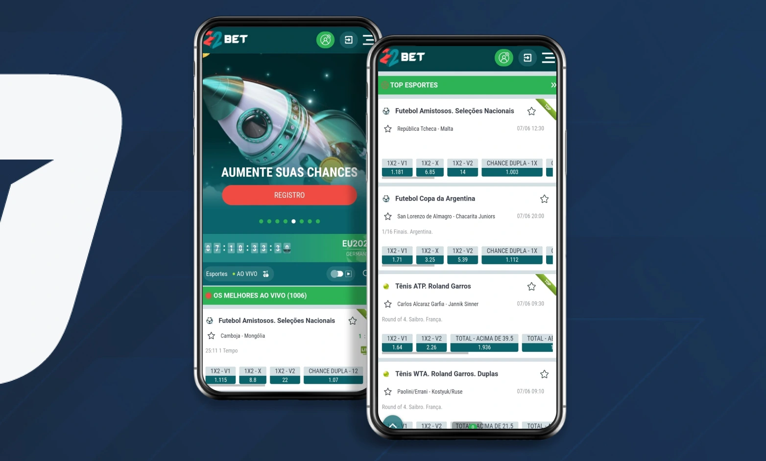 Interfejs strony głównej 22bet z promocjami bonusowymi