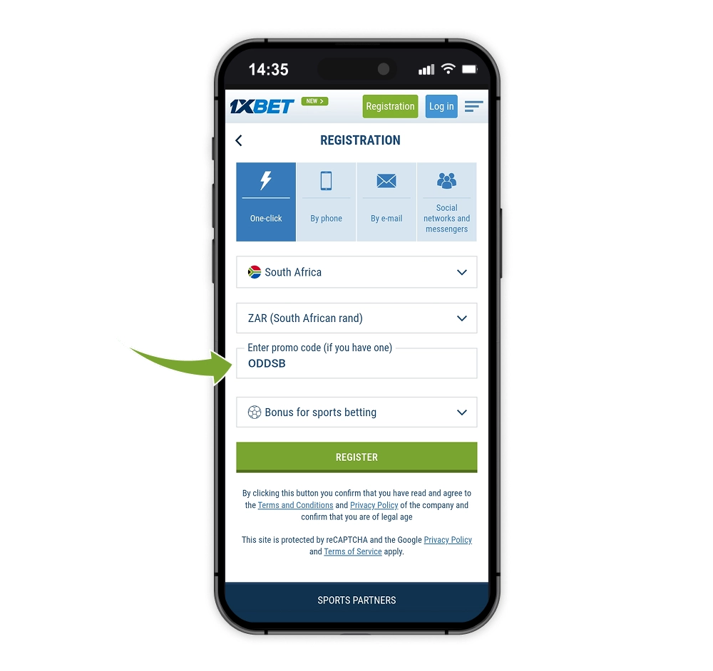1xBet registration screen with bonus code ODDSB