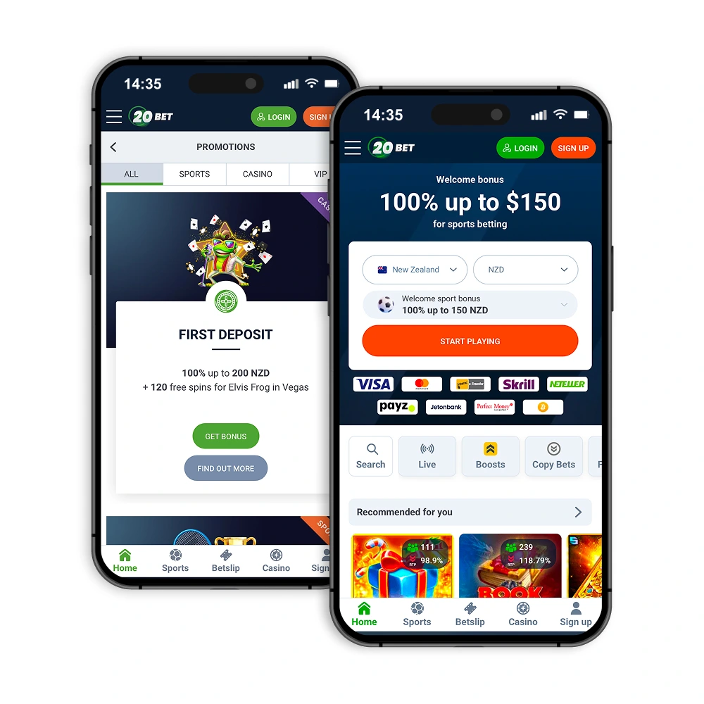 Interfejs bonusowy 20bet pokazujący kody promocyjne