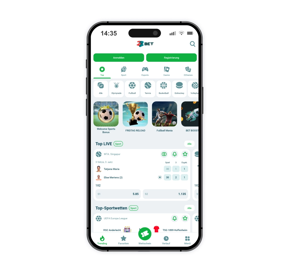 Screenshot der 22bet Homepage mit hervorgehobenem Bonusangebot und Anmeldebereich