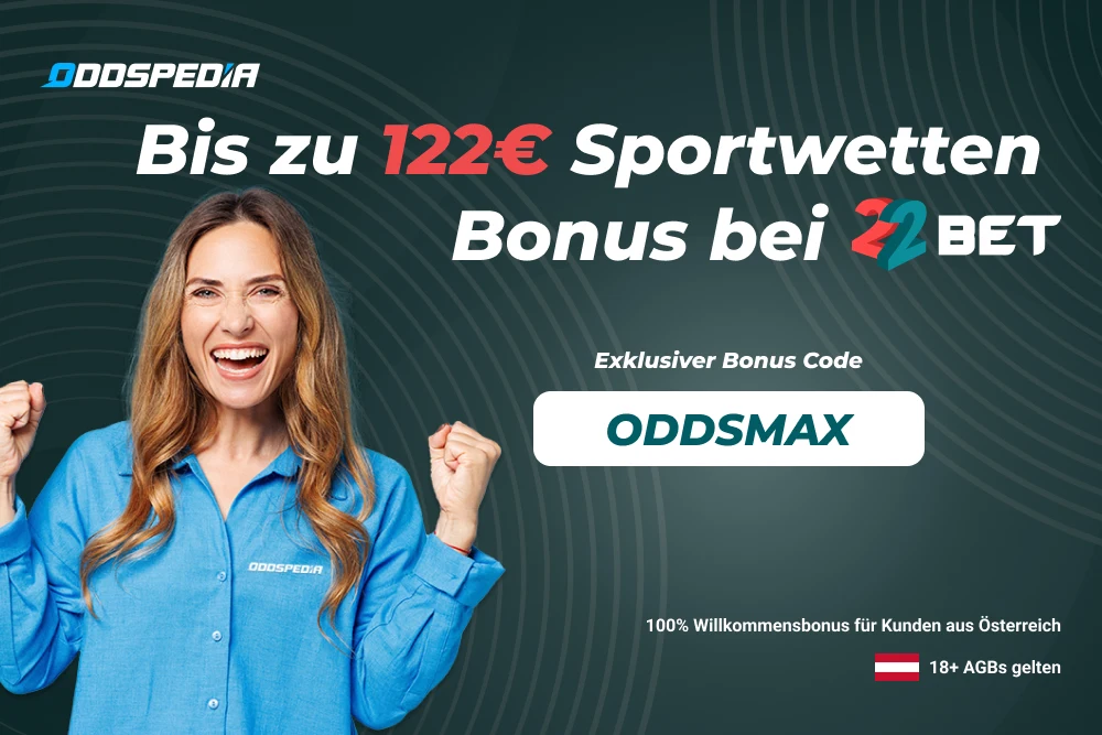 Screenshot der 22bet Bonusseite mit einer Frau