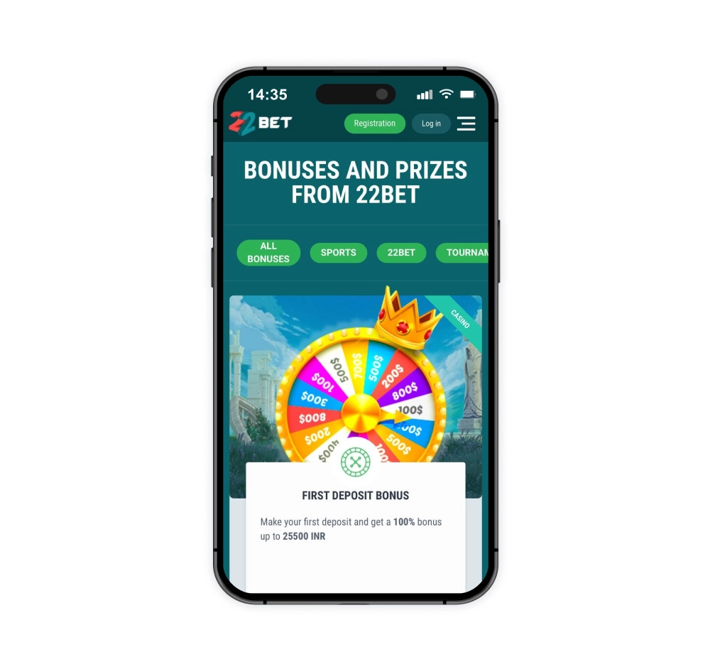 22Bet casino welcome bonus screen