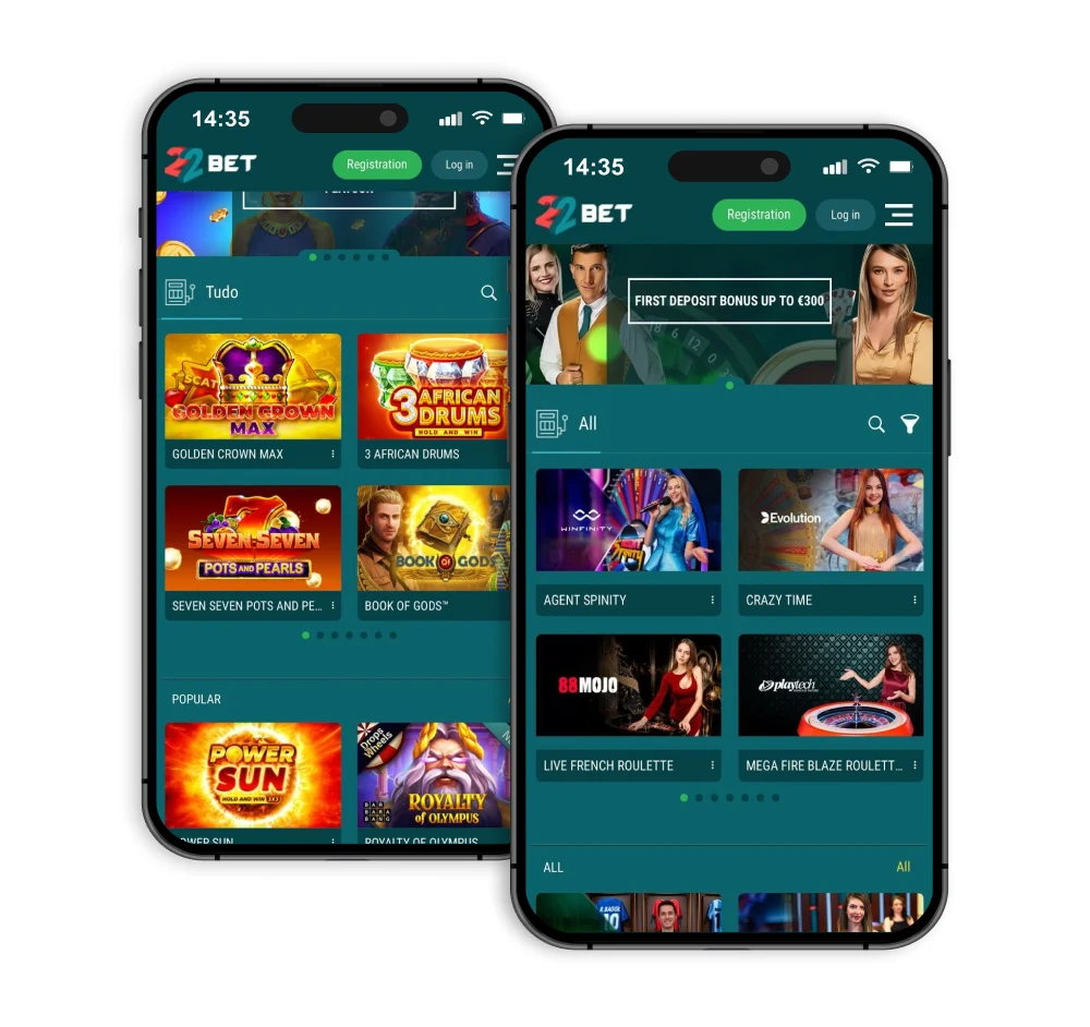 22Bet casino hub screen