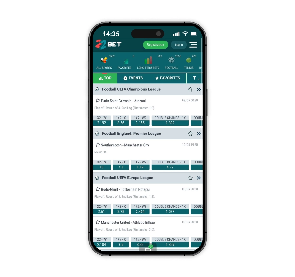 22Bet betting lines screen