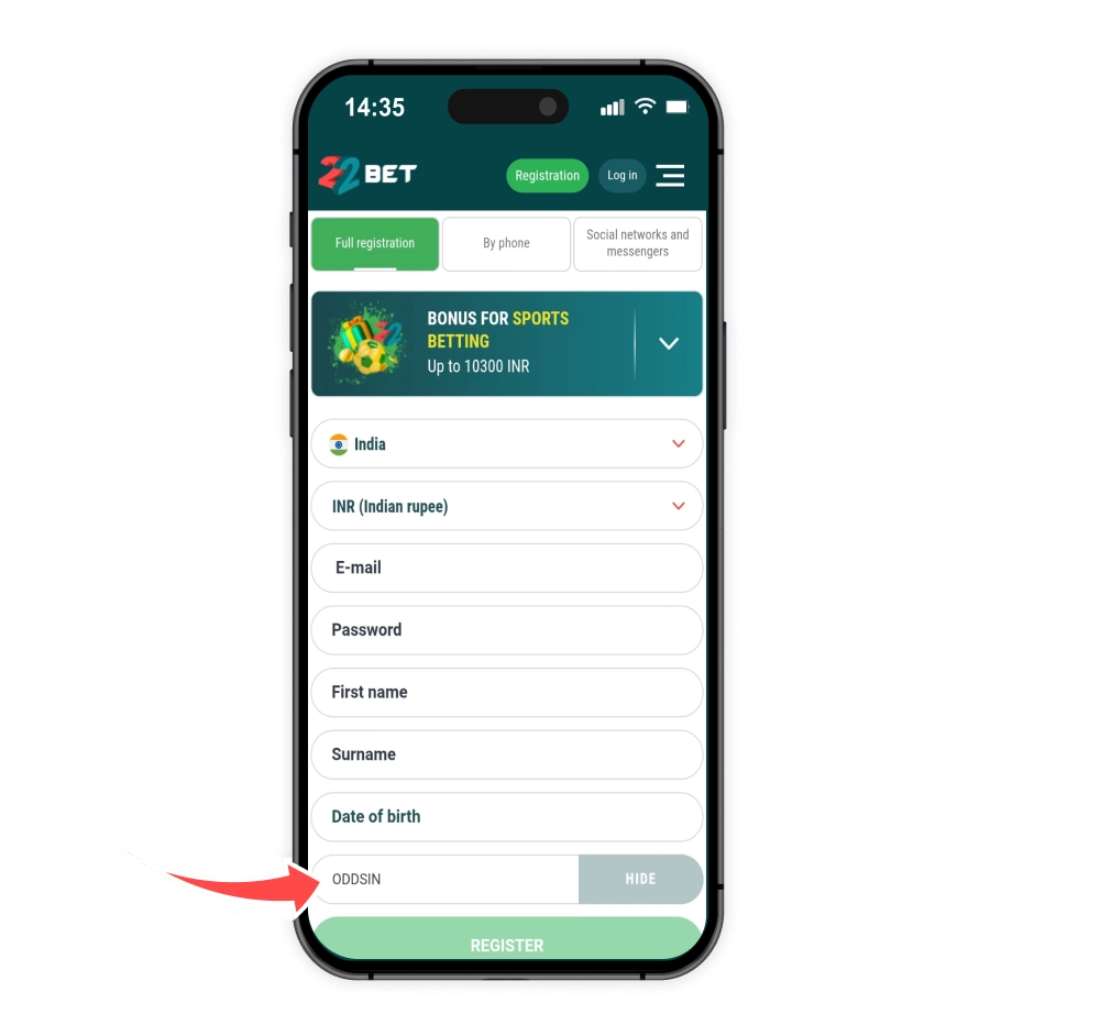 Enter the 22Bet promo code to continue.