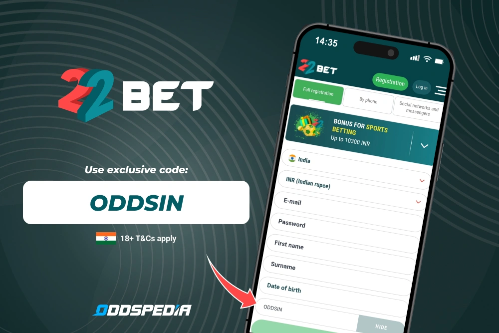 Bettors in India can use the 22Bet promo code ODDSIN to claim the welcome bonus.