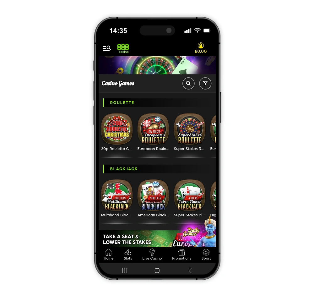 Interfața de bun venit a casino-ului 888 pe desktop