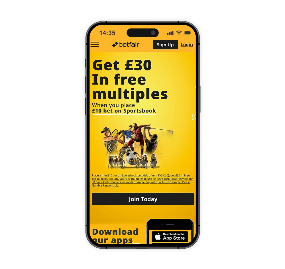 Betfair home screen on a mobile