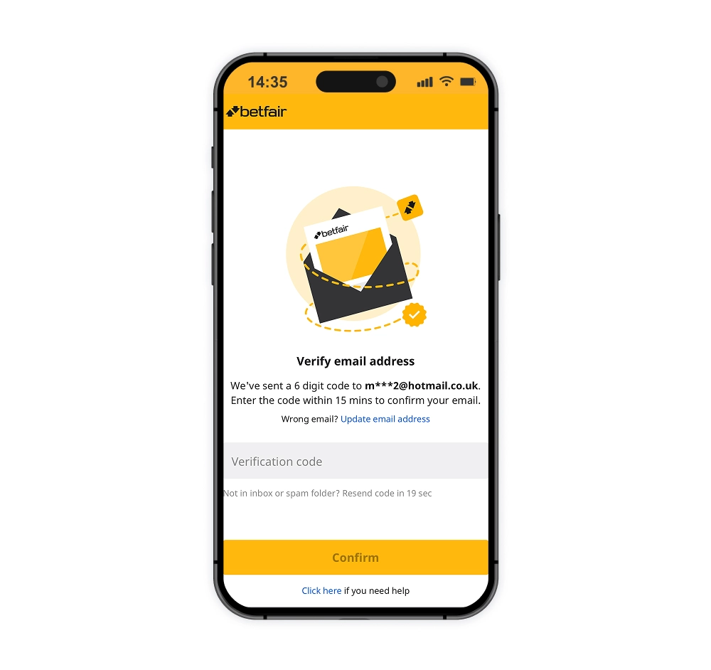 Betfair verification of email screen on a mobile