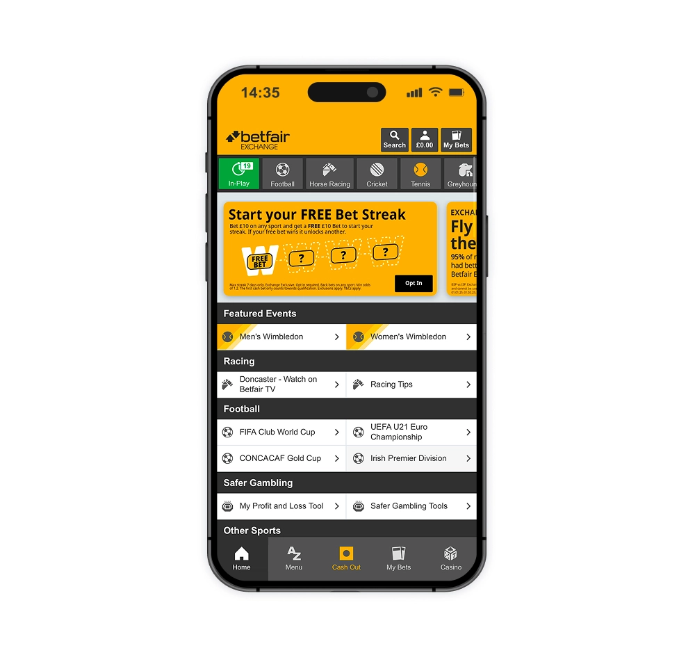 Betfair sports betting home screen on a mobile with events listed