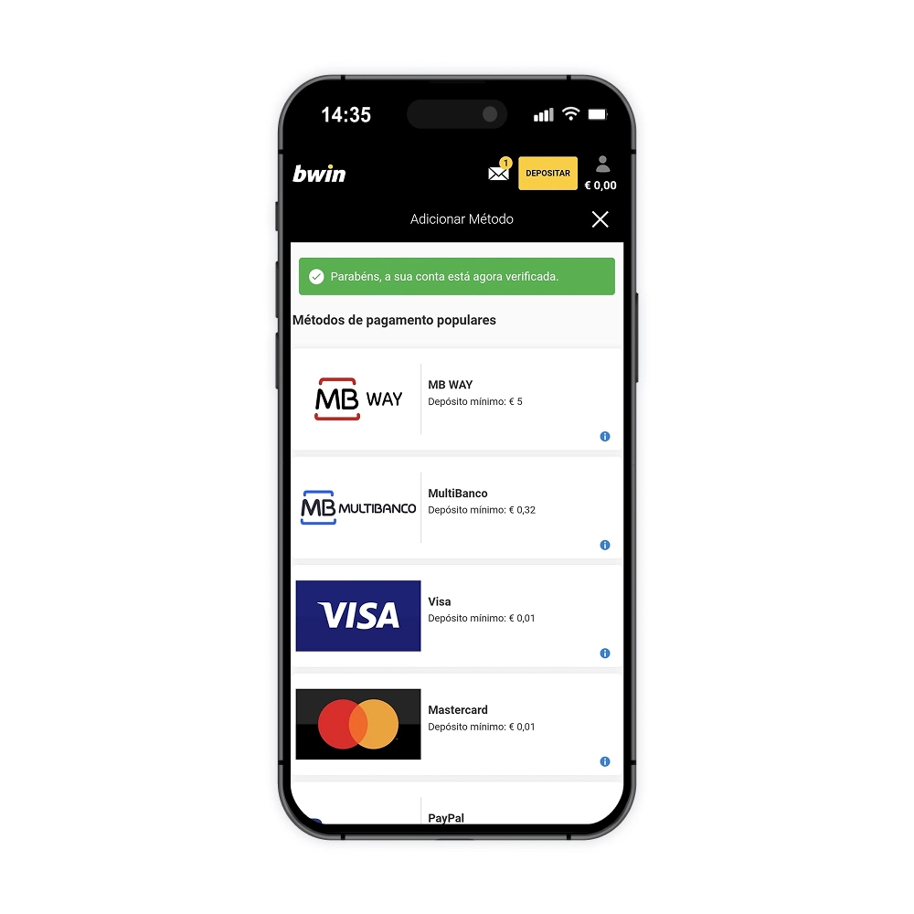 Escolha o método de pagamento populares da Bwin