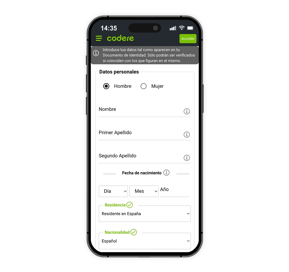 Rellena tus datos personales en Codere