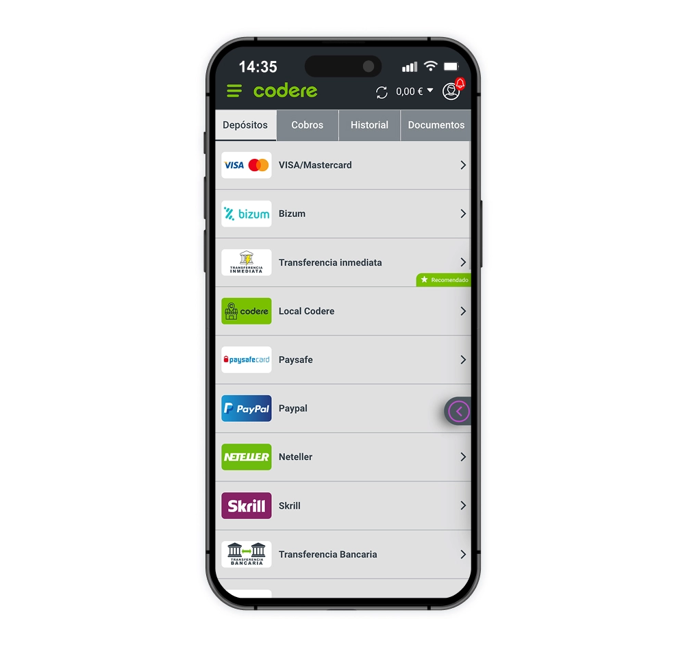 Haz tu primer depósito en Codere