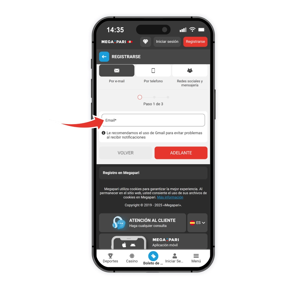 Introduce tu email en Megapari Perú